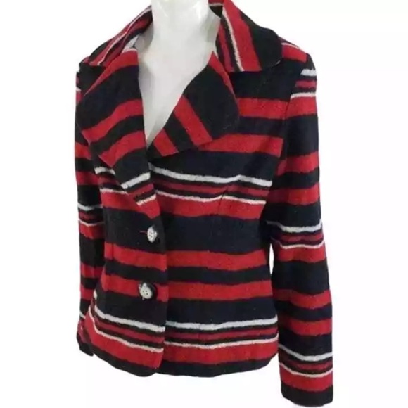 Karen Kane Blanket Stripe Wool Blazer Notch Lapel Red Black White Lined Sz Small - Picture 1 of 12